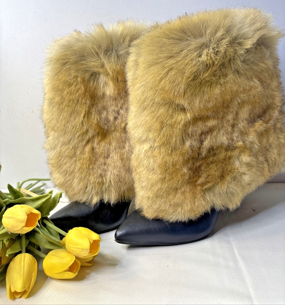 Cape Robbin Shoes - Cape Robbin CHIOE-2 Faux Fur Boots Black Pointed Toe Stiletto High Heel 10